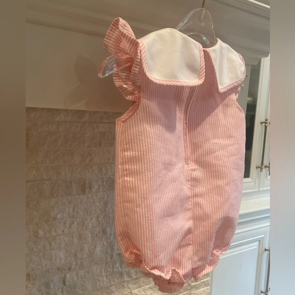 Pink Seersucker Baby Girl Bubble Romper with Tulip Embroidery